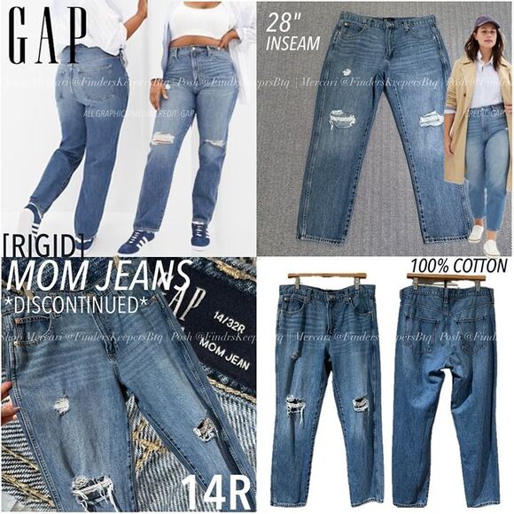 GAP Rigid Cotton Mom Jeans Cropped Ankle Distressed Vintage Wash Ripped Knees 14 - Picture 1 of 12